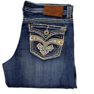 TRADEMARK H Bootcut Jeans Pocket Flaps Blue Embellishments Size 9/10